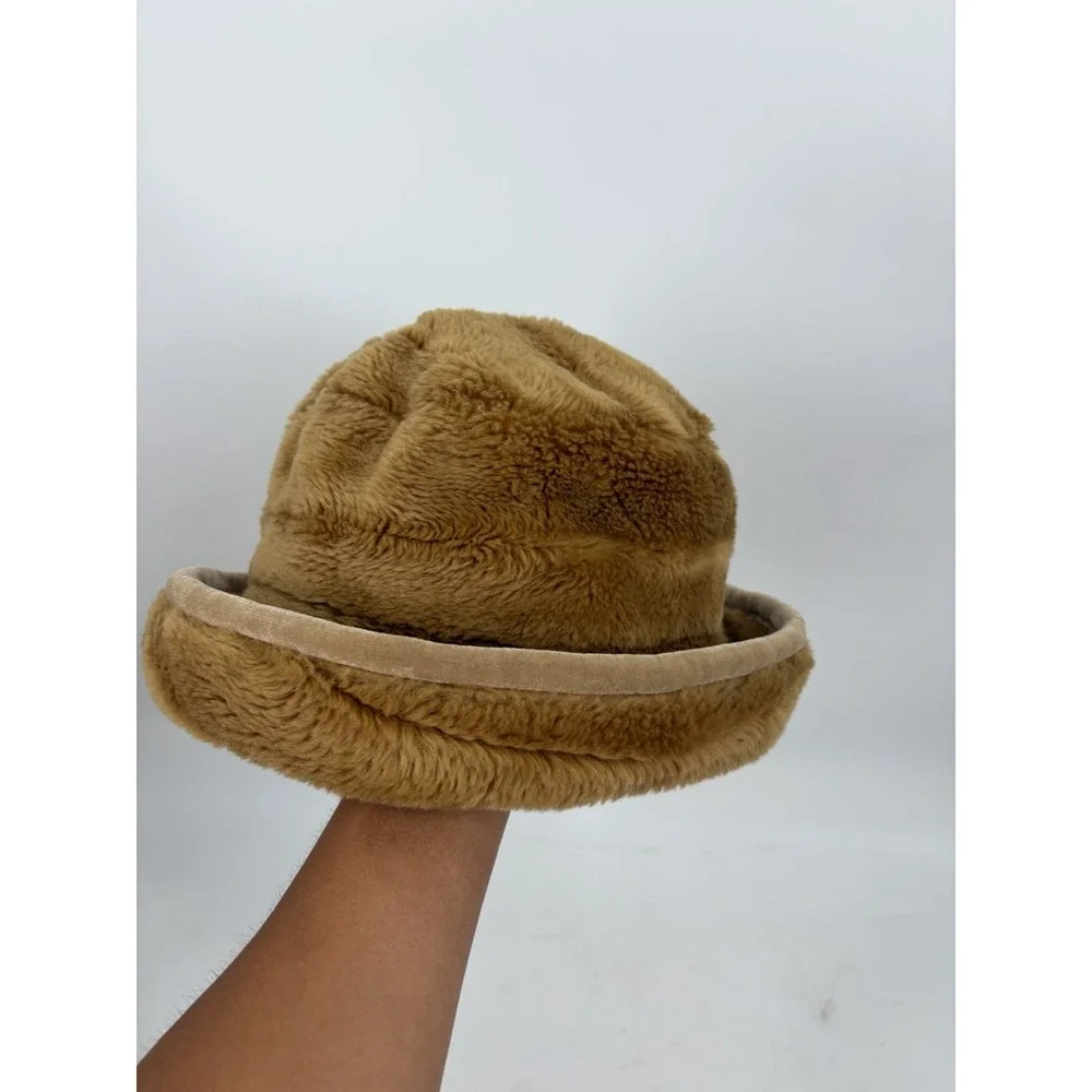 VTG y2k Liz Clairborne womens bucket hat faux fur maximalist glam Brown